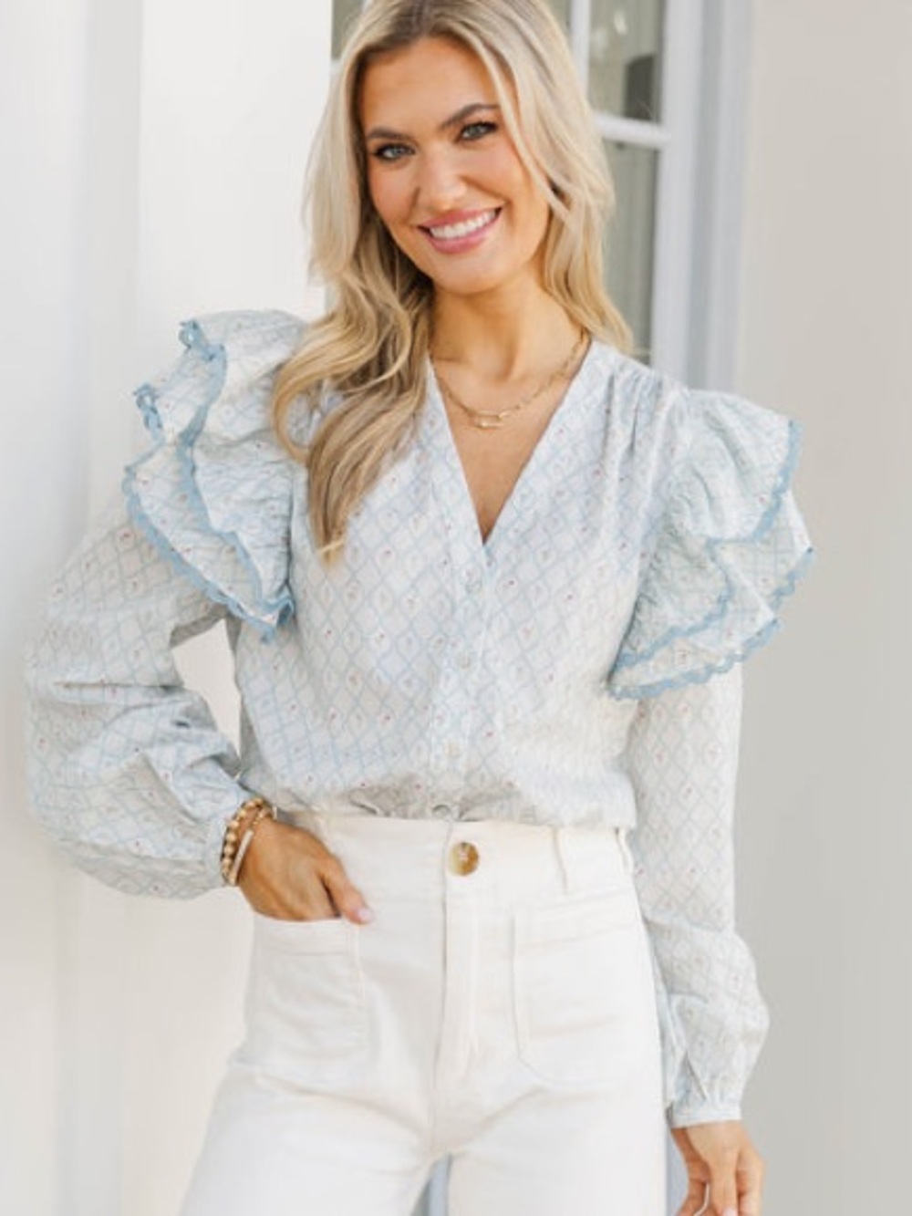 Shop The Mint Rendezvous Medallion Blouse block print top ruffle floral lace